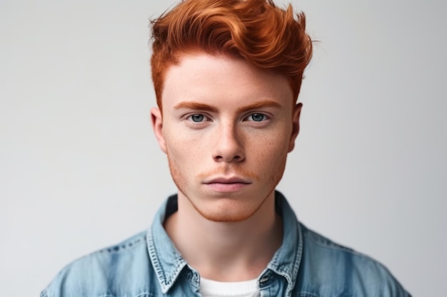 Photo headshot of red haired serious young male blogger looks confidently at camera thinks about new conte