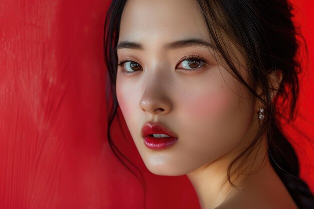 Headshot van een Aziatisch vrouwelijk model op een rode achtergrond