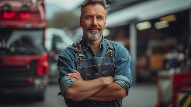 Headshot of a vehicle repair company owner facing the camera with their arms space Generative AI