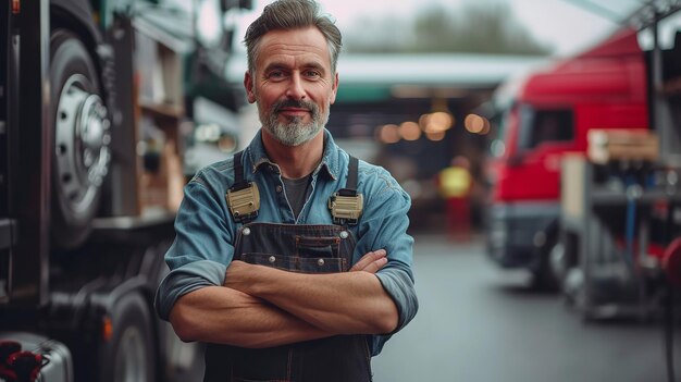 Headshot of a vehicle repair company owner facing the camera with their arms space Generative AI