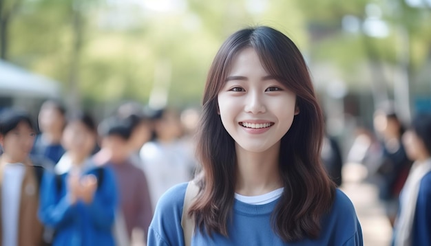 Headshot of young happy attractive asian student smiling and looking at camera with friends