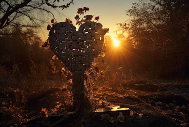 a headstone in a cemetery with branches tied together in the style of humor meets heart