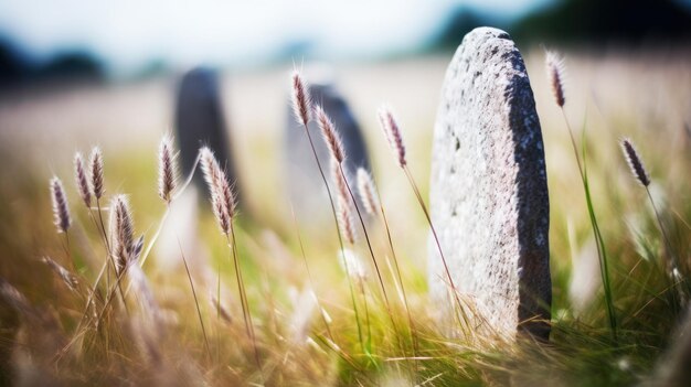 A headstone in a field