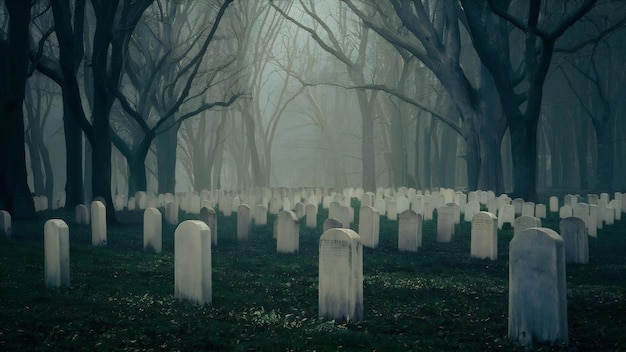 Надгробные камни на мрачном кладбище