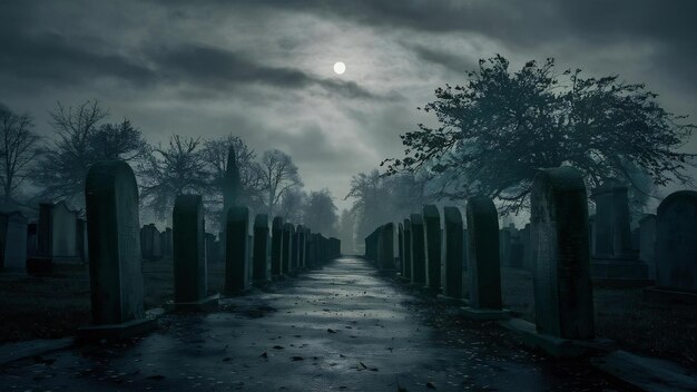 Headstones in gloomy cemetery