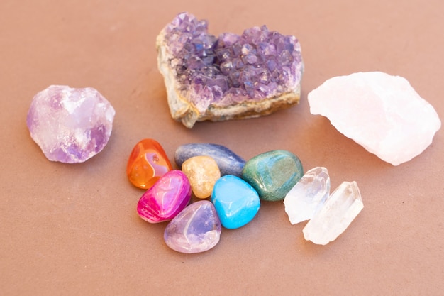 Healing crystals set on brown background