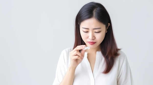 아시아 여성 이 백색 배경 에 치료 를 받아들이고 있다