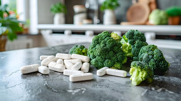 Healing Fusion Medicinal Pills and Fresh Broccoli for Optimal Health