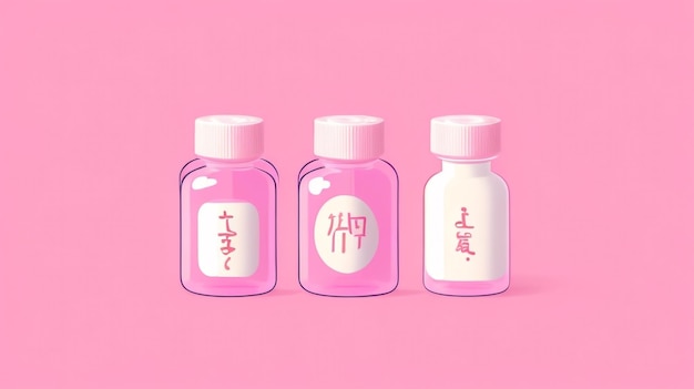 写真 穏やかな背景にピンクの錠剤と白いボトルを描いた癒しのパレット