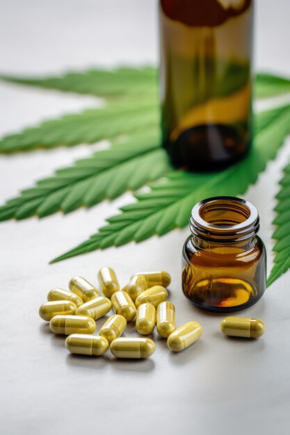 Photo healing power unveiled cbd medication next to cannabis leaf