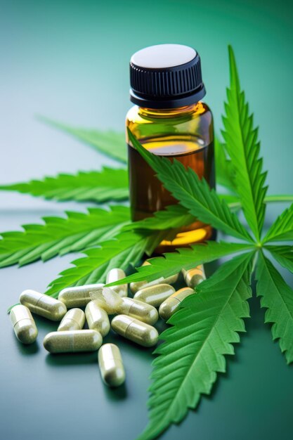 Healing Power Unveiled CBD Medication Next to Cannabis Leaf