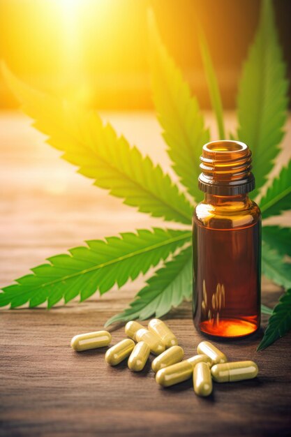 Photo healing power unveiled cbd medication next to cannabis leaf