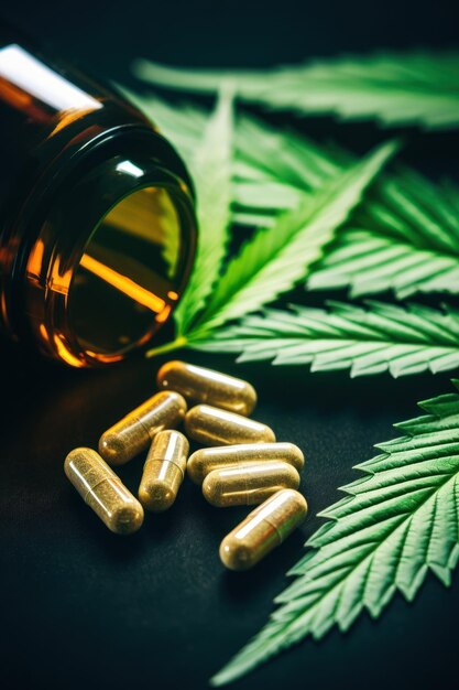 Photo healing power unveiled cbd medication next to cannabis leaf