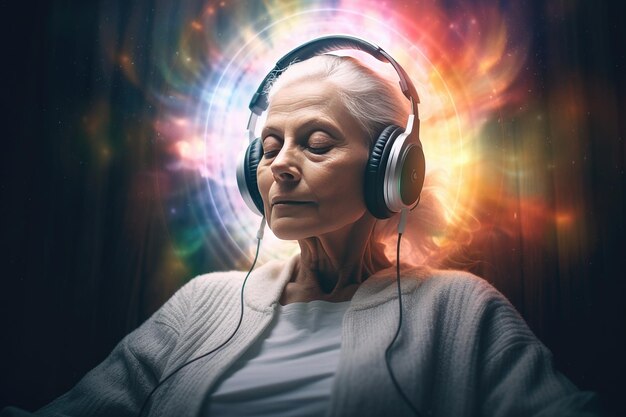 Photo healing sounds and sound therapy sound healing wellbeing vibrations open clear and balance chakras and energy senior mature woman in headset in sound healing therapy and meditation