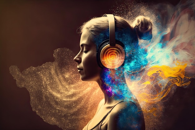 Healing Sounds and Sound Therapy sound vibrations open clear and balance chakras and energy Woman in headset in sound healing therapy and meditation AI generative