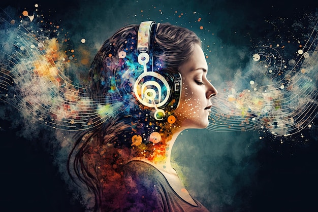 Healing Sounds and Sound Therapy sound vibrations open clear and balance chakras and energy Woman in headset in sound healing therapy and meditation AI generative