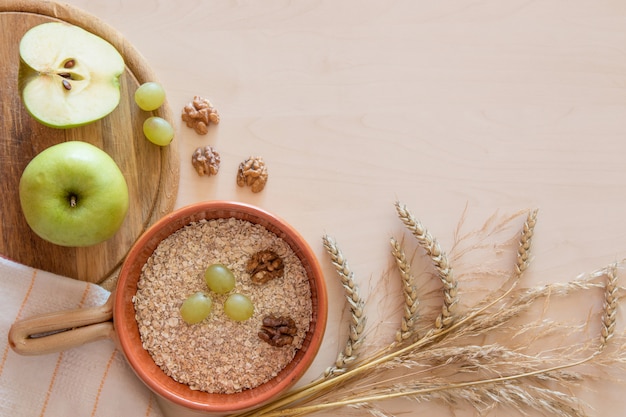 Health breakfast with apples and space for text