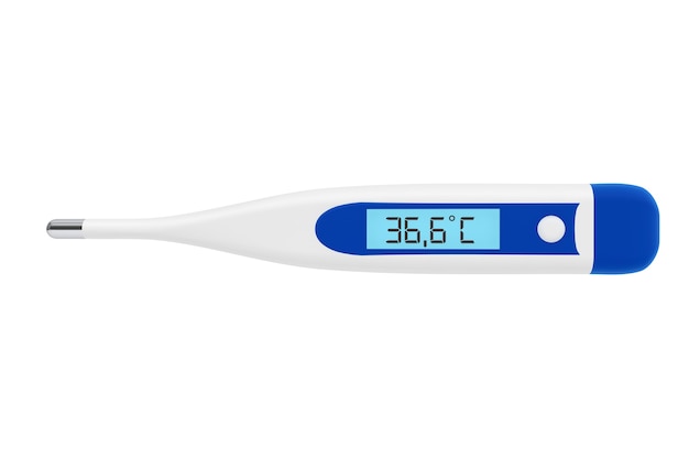 Concetto di assistenza sanitaria. termometro digitale medico su sfondo bianco