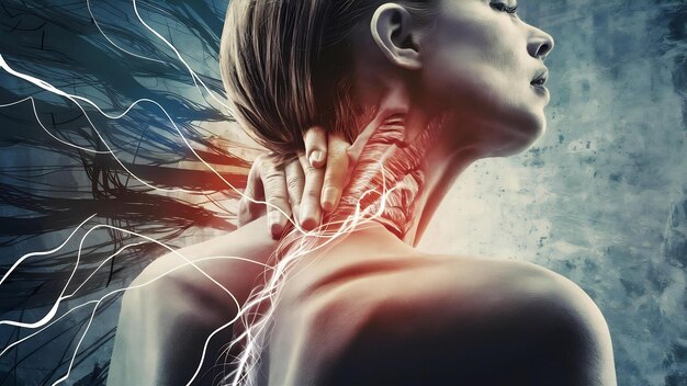 Health care concept pain in a neck woman neck and back close up