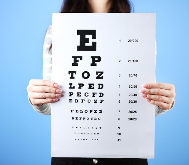 Photo health care medicine and vision concept woman with eye chart