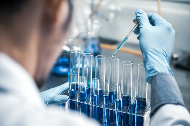 Health care researchers working in life science laboratory