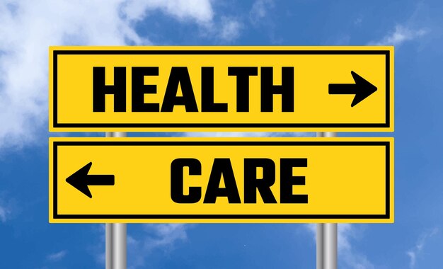 Health or care road sign on sky background