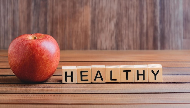 Photo health concept apple and word healthy on a wooden table