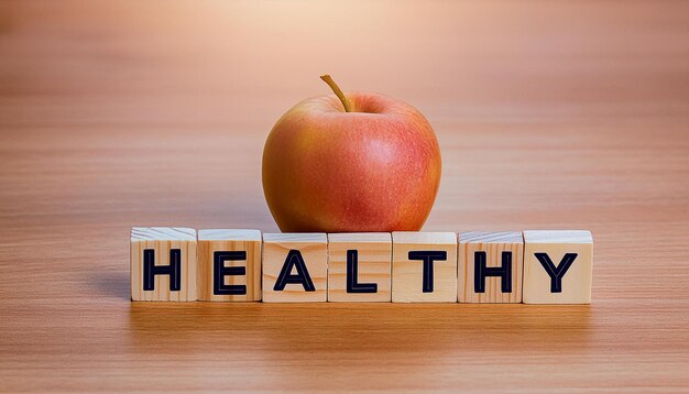 Photo health concept apple and word healthy on a wooden table