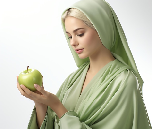 색 배경 앞 에 사과를 들고 있는 건강 의식 을 가진 여자