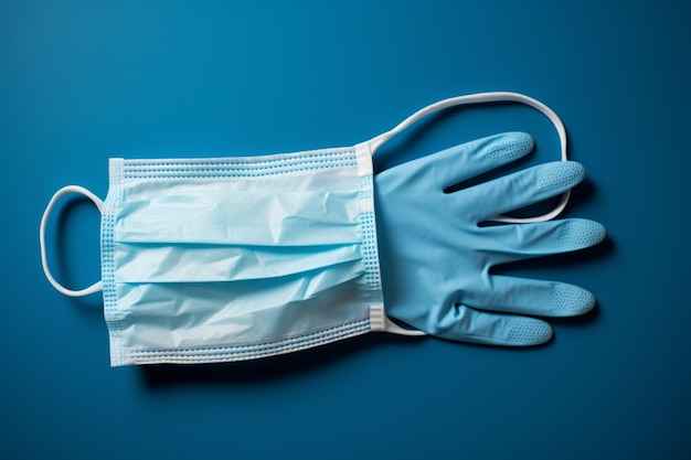 Health defense white surgical mask latex gloves for protection on blue
