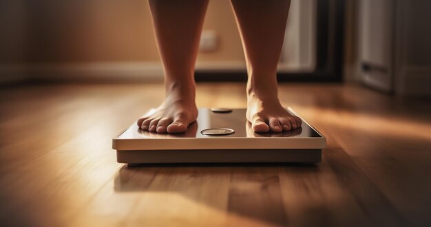 Photo health excess weight man measures weight stands on scales