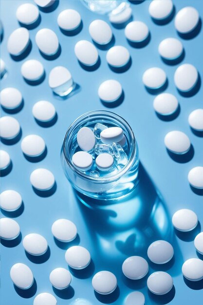 Health and Hydration Pills and Glass of Water on Blue Background