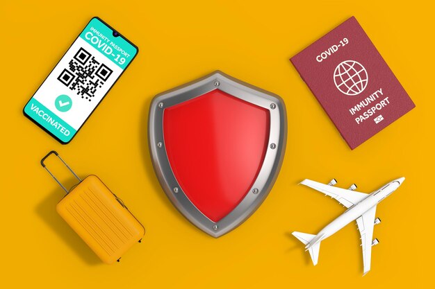 Health immune passport, mobile phone app certificate of vaccination, suitcase and airplane around protection shield on a yellow background. 3d rendering