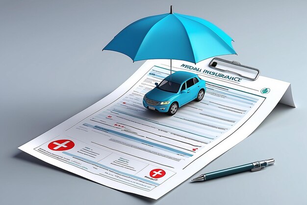 Photo health insurance 3d concept medical document with checklist under the umbrella