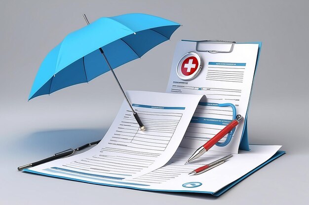 Photo health insurance 3d concept medical document with checklist under the umbrella