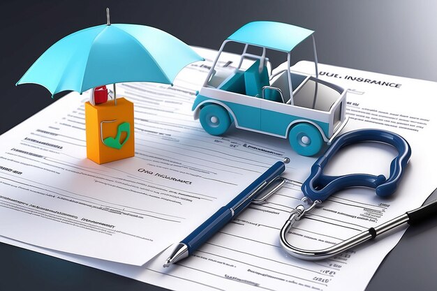 Photo health insurance 3d concept medical document with checklist under the umbrella