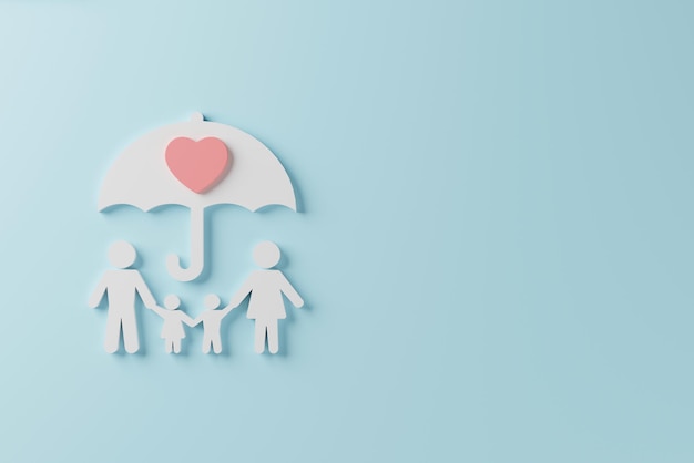 Health insurance family concept Top view of icon family and umbrella with heart on light blue background 3d rendering