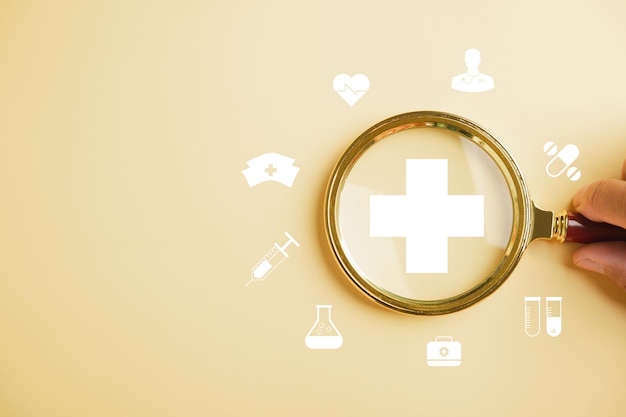 Photo health insurance in focus magnifying glass highlights plus symbol and healthcare icon showcases welfare health access innovation and quality care health concept