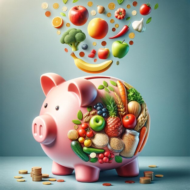 Photo health investment piggy bank healthy food image