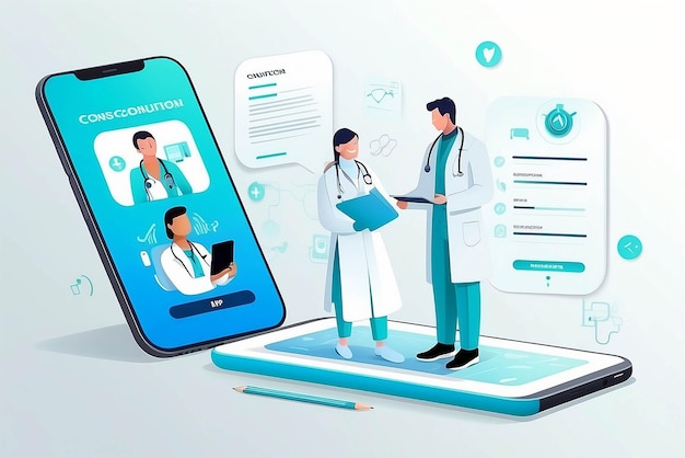 医療コンサルティング アプリケーション - 医療従事者と医師とのオンライン医療コンサール - 医療と現代技術のコンセプト - 患者がモバイルアプリを使用して医師に相談する