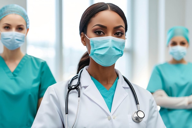 Photo health medicine and pandemic concept close up of african american female doctor or scientist in protective mask over medical workers at hospital on background