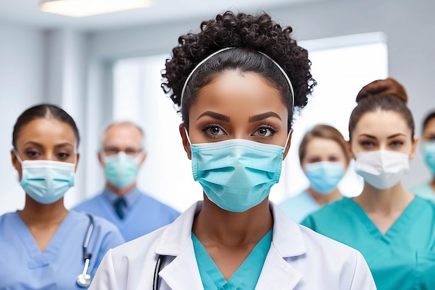 건강과 전염병 개념: 아프리카계 미국인 여성 의사 또는 과학자가 보호 마스크를 입고 병원의 의료 인력 위에 배경으로
