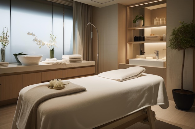 In the health room there is a relaxing atmosphere designed for massages with a towel and a spalike