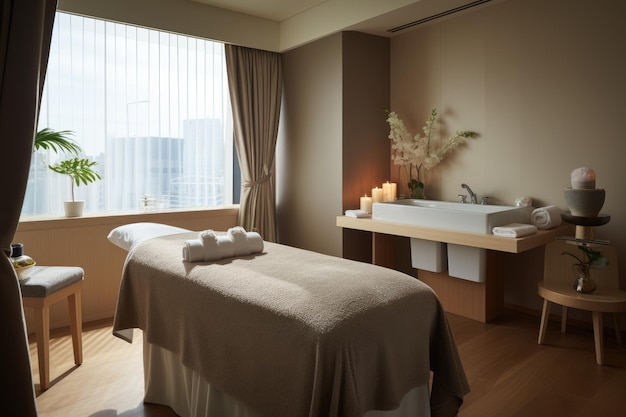 In the health room there is a relaxing atmosphere designed for massages with a towel and a spalike