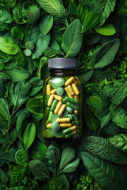 Health Supplements A bottle filled with pills and capsules is surrounded by vibrant green