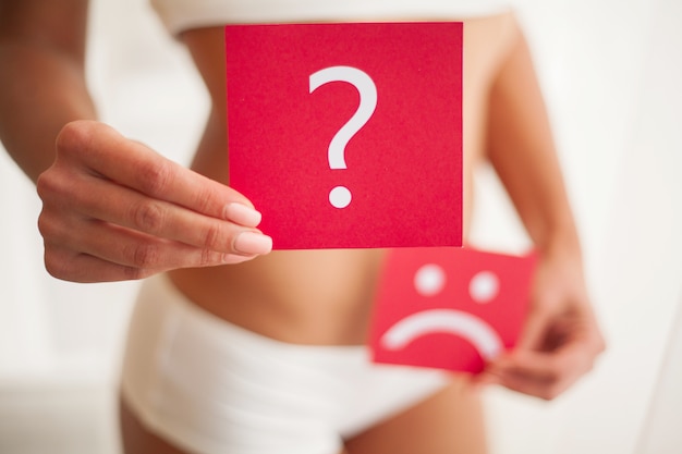 Health. Woman Body In Underwear With Question Card Near Belly