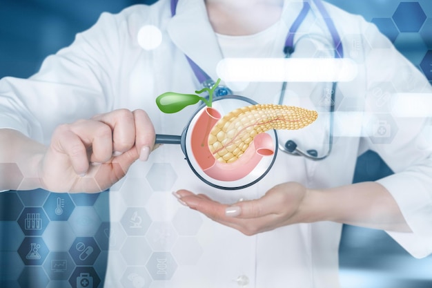 The health worker examines the pancreas on blurred background