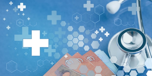 Healthcare business and data of Medical money growth and stethoscope of doctor investment financial and insurance