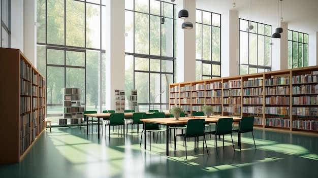 a healthcare college library with open spaces green chairs and book stacks a modern light and airy