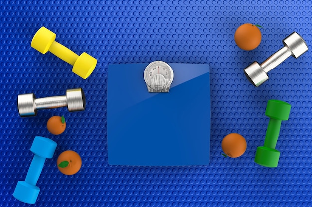 Healthcare concept with weight scales with dumbbells and oranges